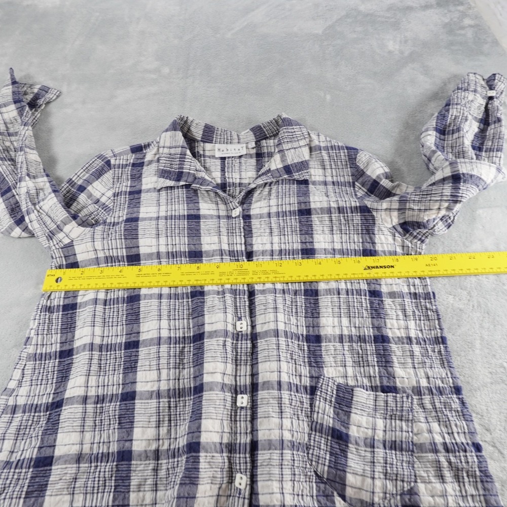 Habitat Plaid Button Up Shirt Women S Blue Crinkle Relaxed Pocket Cotton Stretch - Picture 6 of 13